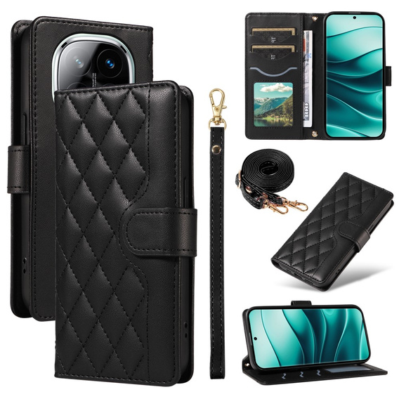 Husă cu clapetă pentru Xiaomi Redmi Note 14 Pro 5G / Xiaomi Redmi Note 14 Pro+ 5G / Xiaomi Poco X7 5G, Rhombus Crossbody Leather, negru