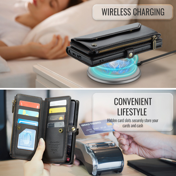 Husă CASEME pentru Samsung Galaxy S25 FE, RFID Leather Wallet, cu curea de umăr, negru