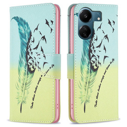 Cu clapetă pentru Xiaomi Redmi 13C / Poco C65, Wallet, feather, albastru