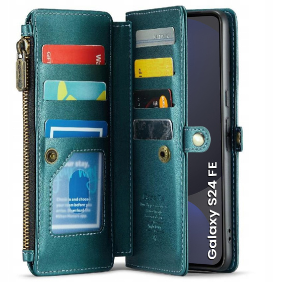 Husă CASEME pentru Samsung Galaxy S24 FE, RFID Leather Wallet, cu curea de umăr, verde