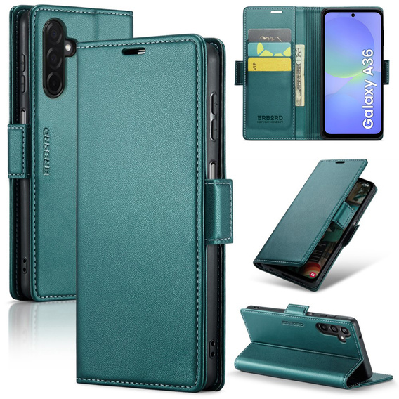 Husă pentru Samsung Galaxy A36, ERBORD Glossy Litchi, portofel cu clapetă, verde