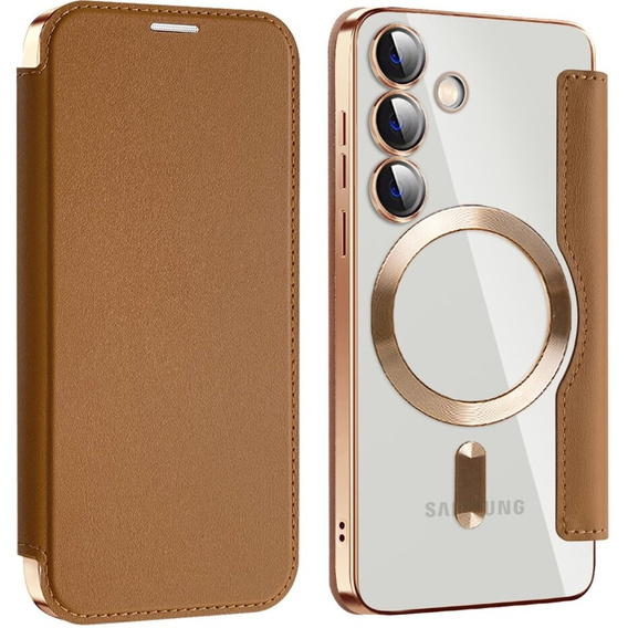 Cu clapetă pentru Samsung Galaxy S24, RFID Wallet MagSafe CamShield, maro
