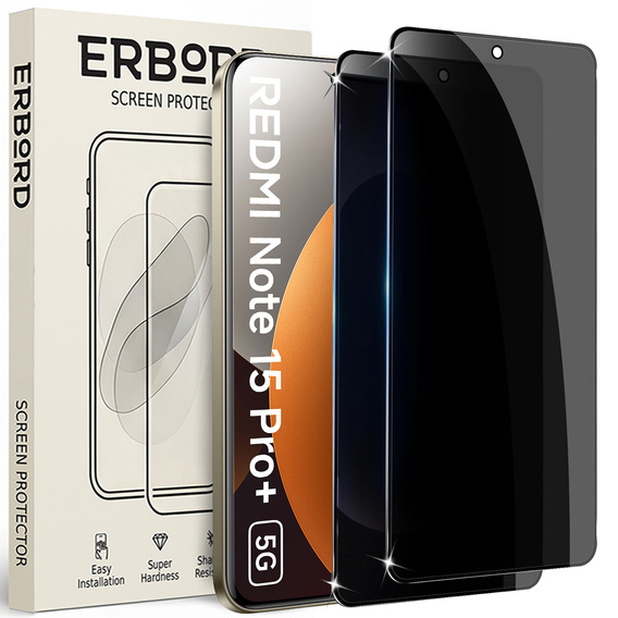 Sticlă temperată ERBORD Anti-Spy pentru protecția vieții private (2 bucăți) pentru Xiaomi Redmi Note 15 Pro Plus 5G / Poco M8 Pro 5G