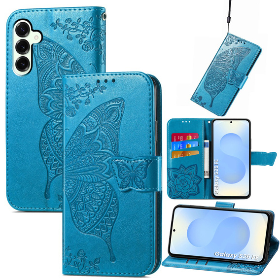 Cu clapetă pentru Samsung Galaxy S25 FE, Butterfly, albastru