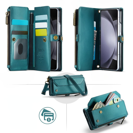 Husă CASEME pentru Samsung Galaxy Z Fold6 5G, RFID Leather Wallet, cu curea de umăr, verde