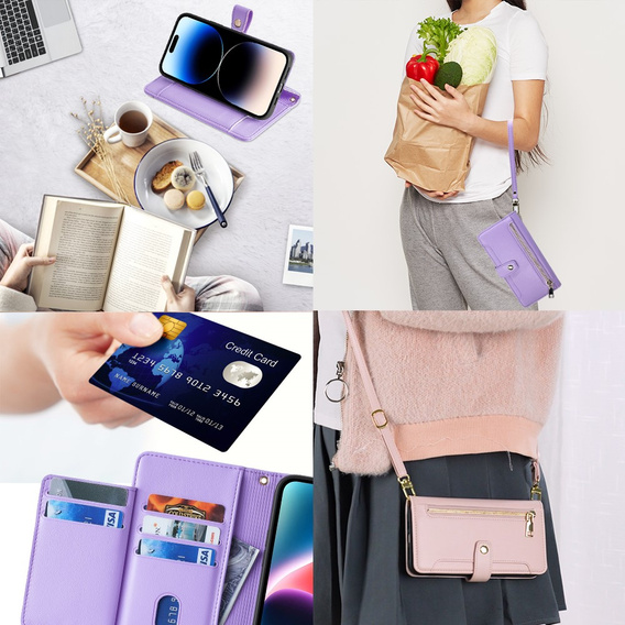 Cu clapetă pentru iPhone 14 Pro, Wallet Zipper Pocket, violet