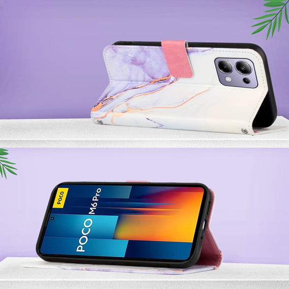 Cu clapetă pentru Xiaomi Redmi Note 13 Pro 4G / Xiaomi Redmi Note 14S / Xiaomi Poco M6 Pro 4G, Wallet, Marble violet