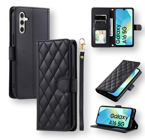 Husă cu clapetă pentru Samsung Galaxy A16, Rhombus Crossbody Leather, negru