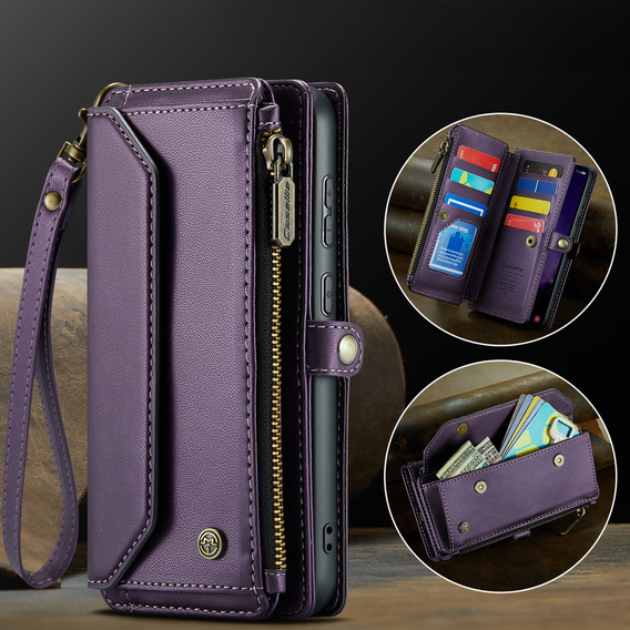 Husă CASEME pentru Samsung Galaxy S25 FE, RFID Leather Wallet, cu curea de umăr, violet