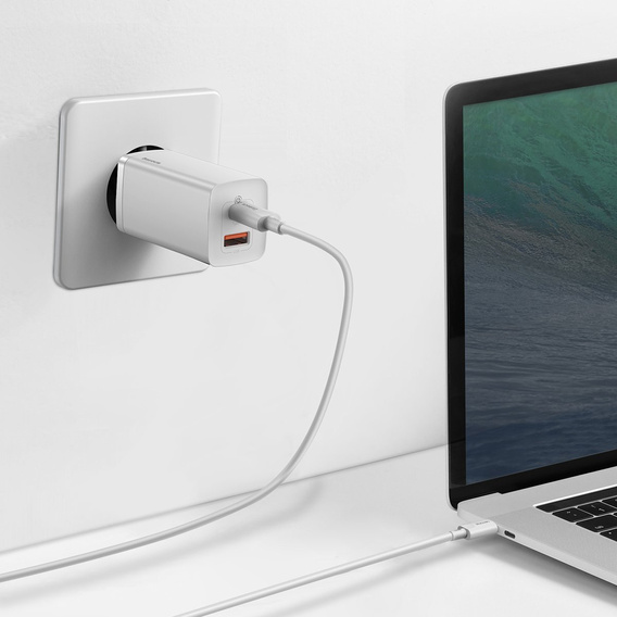 Baseus GaN2 Lite 65 W USB-C + USB-A încărcător de rețea, alb (UE)