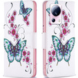 Cu clapetă pentru Xiaomi 13 Lite, Wallet, butterfly & flowers, alb
