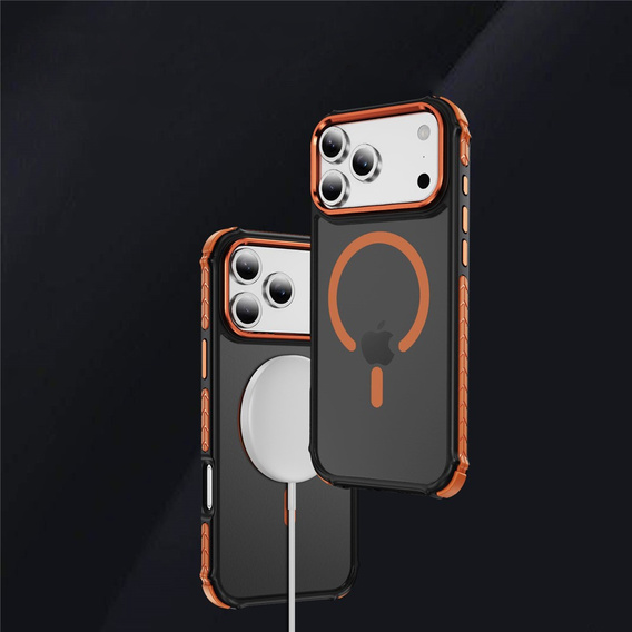 Carcasă Matt pentru iPhone 17 Pro, blindată, pentru MagSafe, fumurie cu margini portocalii