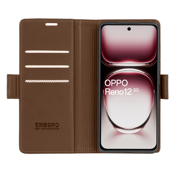 Husă pentru Oppo Reno 12, ERBORD Glossy Litchi, portofel cu clapetă, maro