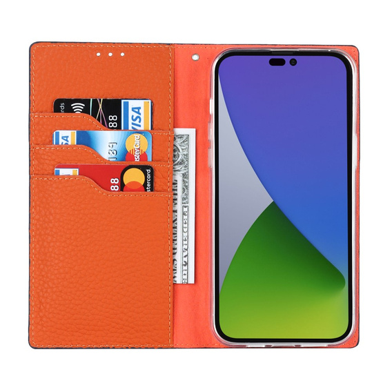 Cu clapetă pentru iPhone 15 Pro, Litchi Skin Grain, albastru închis