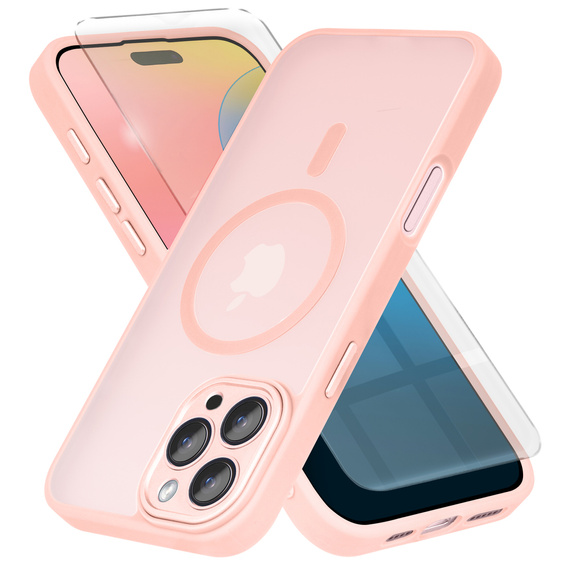 Husă pentru iPhone 16 Pro, pentru MagSafe, ERBORD Matt Case, roz + sticlă pentru ecran