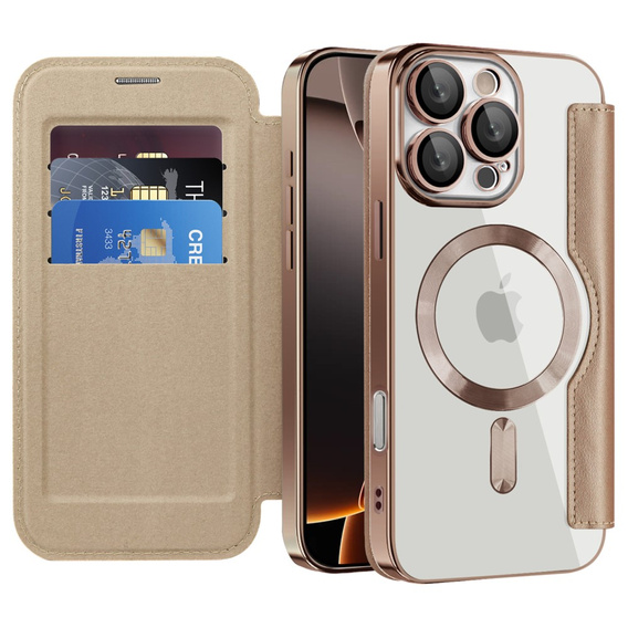 Cu clapetă pentru iPhone 16 Pro Max, RFID Wallet MagSafe CamShield, de aur