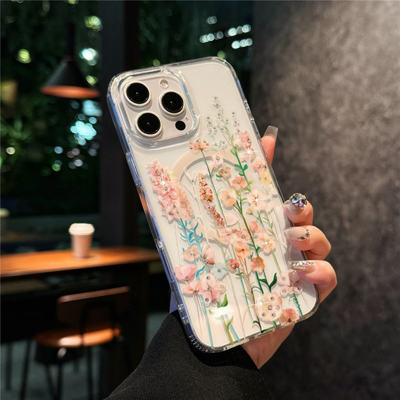 Husă magnetică cu model floral realizat cu laser pentru iPhone 16 Pro