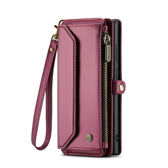 Husă CASEME pentru Samsung Galaxy S25 Ultra, RFID Leather Wallet, cu curea de umăr, roșu