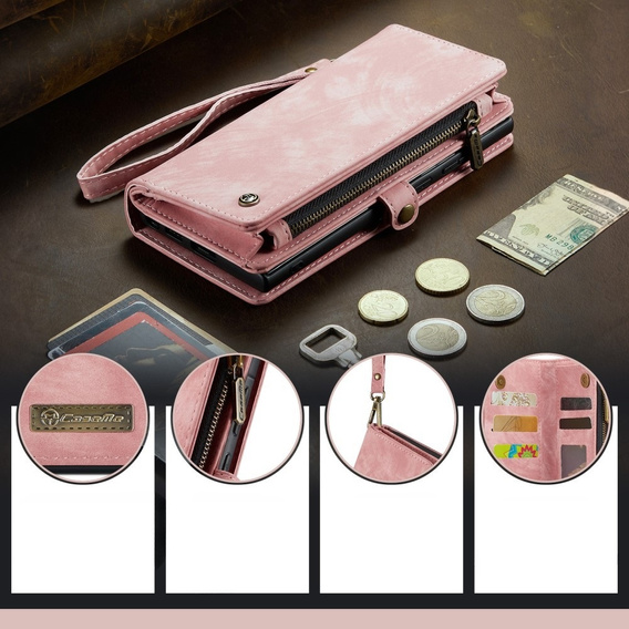 Husă CASEME pentru Samsung Galaxy A56 5G, Retro Leather Wallet, cu curea de umăr, roz