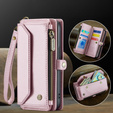 Husă CASEME pentru iPhone16E, RFID Leather Wallet, cu curea de umăr, roz