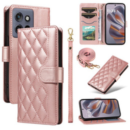 Husă cu clapetă pentru Motorola Edge 50 Neo / Motorola ThinkPhone 25, Rhombus Crossbody Leather, roz rose gold