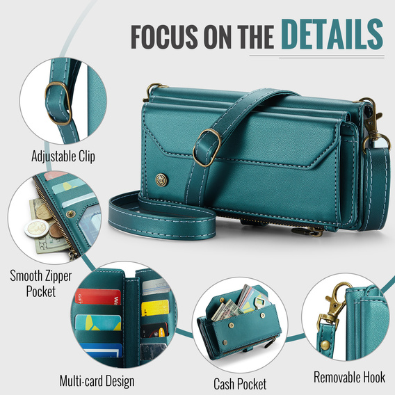 Husă CASEME pentru Samsung Galaxy S25 FE, RFID Leather Wallet, cu curea de umăr, verde