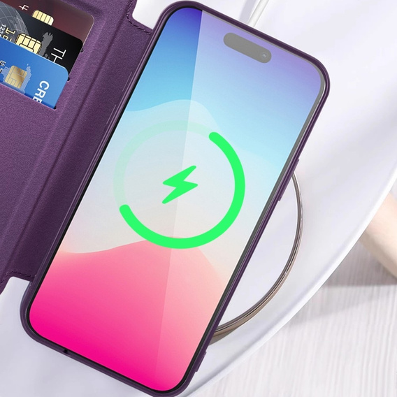 Cu clapetă pentru iPhone 15 Pro, RFID Wallet MagSafe CamShield, violet