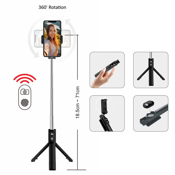Selfie stick cu funcție de trepied și telecomandă Bluetooth, pentru smartphone-uri cu lățimea între 6,5 cm și 9,5 cm