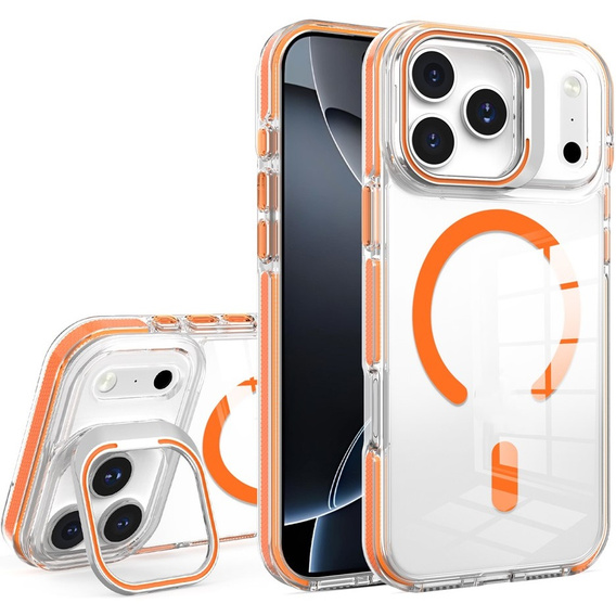Husă pentru iPhone 17 Pro, pentru MagSafe, cu suport, transparentă cu inserții portocalii