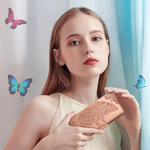 Cu clapetă pentru Xiaomi Poco F7 Pro, Butterfly, roz rose gold