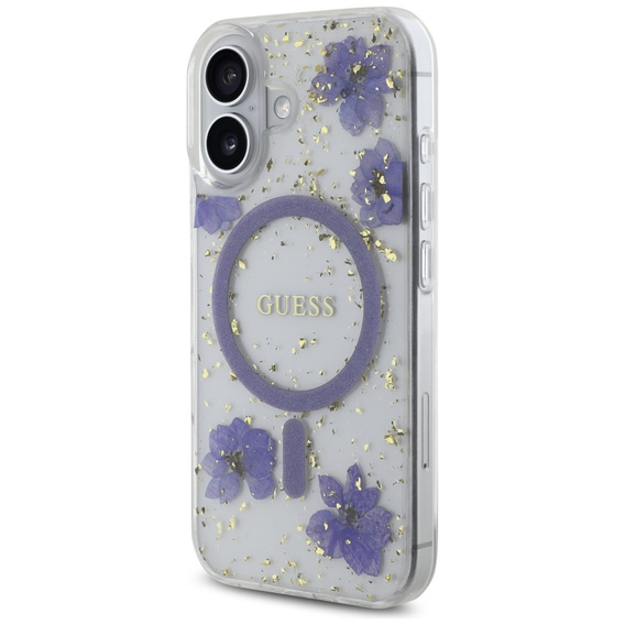Husă GUESS HC MagSafe din rășină cu flori și sclipici pentru iPhone 16