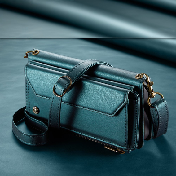 Husă CASEME pentru iPhone16e, RFID Leather Wallet, cu curea de umăr, verde