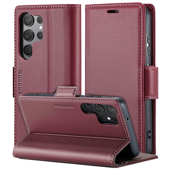 Husă pentru Samsung Galaxy S25 Ultra, ERBORD Glossy Litchi, portofel cu clapetă, roșu