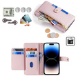 Cu clapetă pentru iPhone 14 Pro Max, Wallet Zipper Pocket, roz