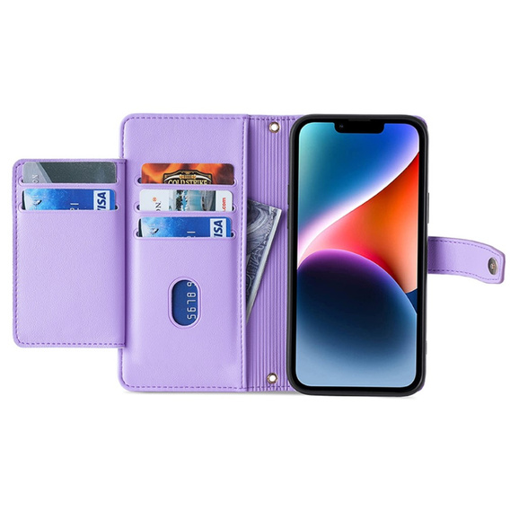 Cu clapetă pentru iPhone 15 Pro, Wallet Zipper Pocket, violet