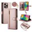 Cu clapetă pentru iPhone 16 Pro Max, Wallet Zipper Pocket, roz