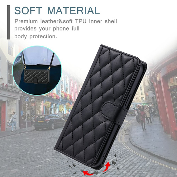 Husă cu clapetă pentru Samsung Galaxy S25 FE, Rhombus Crossbody Leather, negru