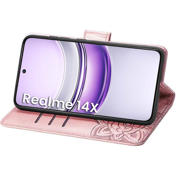 Cu clapetă pentru Realme 14X / Realme C75, Butterfly, roz rose gold