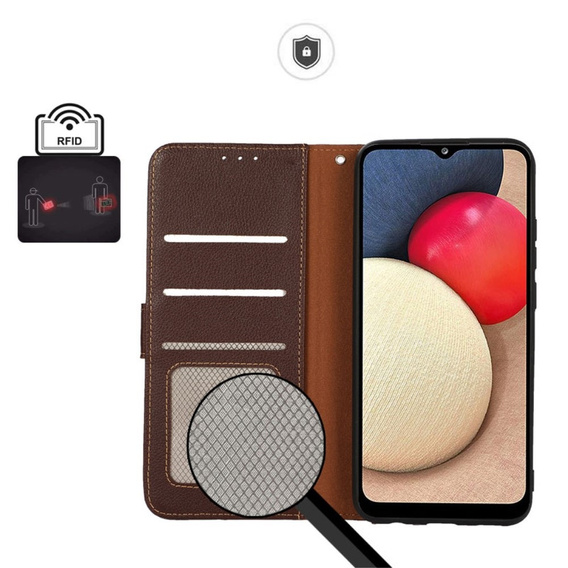 Husa cu clapetă pentru Xiaomi Redmi Note 13 Pro 4G / Xiaomi Redmi Note 14S / Xiaomi Poco M6 Pro 4G, KHAZNEH RFID, maro / albastru