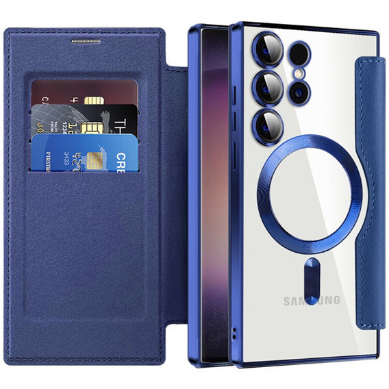 Cu clapetă pentru Samsung Galaxy S24 Ultra, RFID Wallet MagSafe CamShield, albastru închis