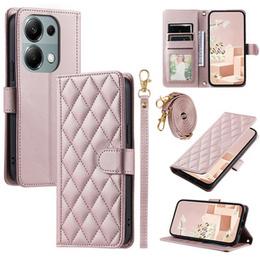 Husă cu clapetă pentru Xiaomi Redmi Note 13 Pro 4G / Xiaomi Redmi Note 14S / Xiaomi Poco M6 Pro 4G, Rhombus Crossbody Leather, roz rose gold