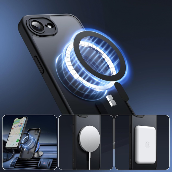 Husă pentru iPhone 16E, pentru MagSafe, ERBORD Matt Case, negru + sticlă pentru ecran