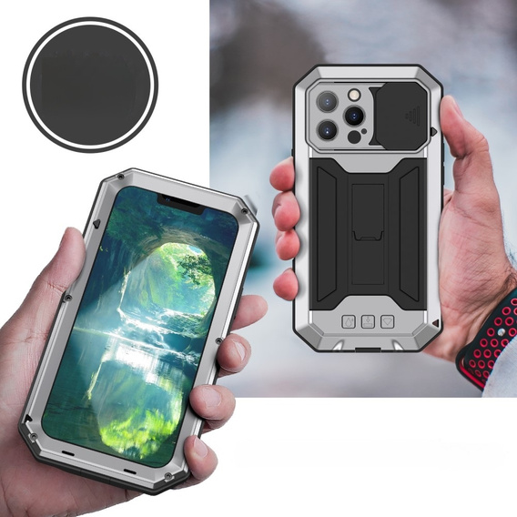 Husă pentru iPhone 13 Pro Max, R-JUST CamShield Slide, armată, de argint / negru