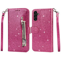 Cu clapetă pentru Samsung Galaxy A35 5G, Wallet Zipper Pocket Glittery, roz