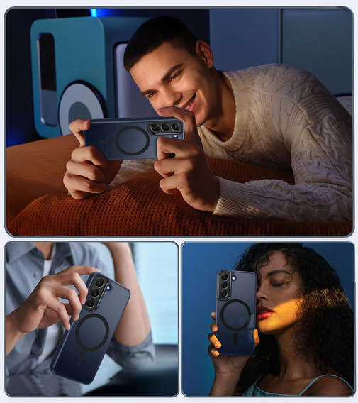 Husă pentru Samsung Galaxy S21, pentru MagSafe, ERBORD Matt Case, albastru închis + sticlă pentru ecran