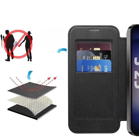 Cu clapetă pentru Samsung Galaxy S25, RFID Wallet MagSafe CamShield, negru
