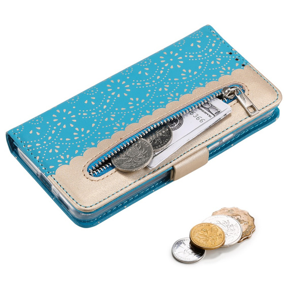 Carcasă cu clapetă pentru Samsung Galaxy S22+ Plus 5G, Wallet Pocket Zipper Lace, albastru