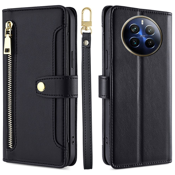 Cu clapetă pentru Realme 12 Pro 5G / 12 Pro+ 5G, Wallet Zipper Pocket, negru