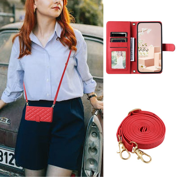 Husă cu clapetă pentru Xiaomi Redmi Note 13 Pro 4G, Rhombus Crossbody Leather, roșu