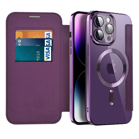 Cu clapetă pentru iPhone 14 Pro Max, RFID Wallet MagSafe CamShield, violet